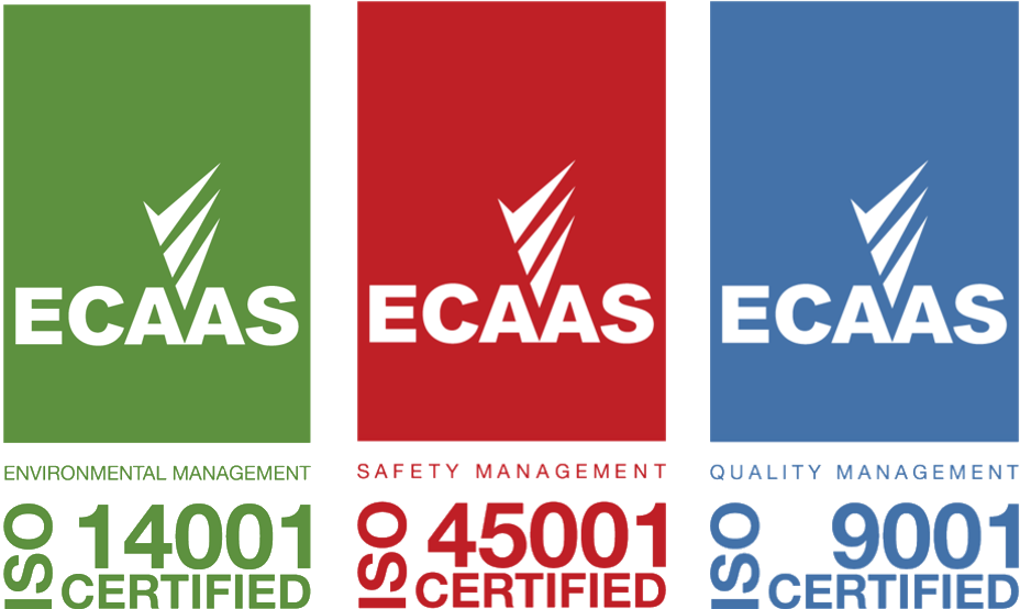 ECAAS certified: ISO 14001 environmental management, ISO 45001 safety management and ISO 9001 quality management