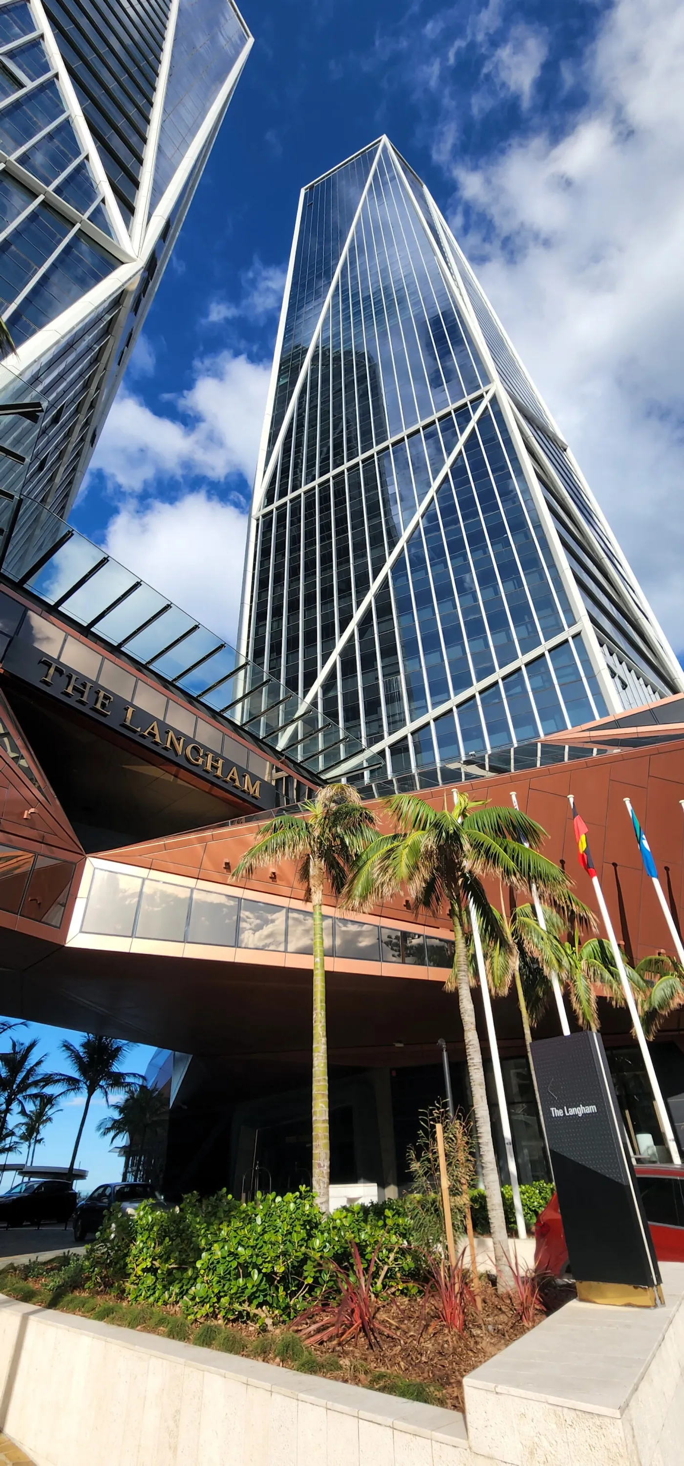 The Langham, Surfers Paradise: the tower rising above the bronze faceted entrance